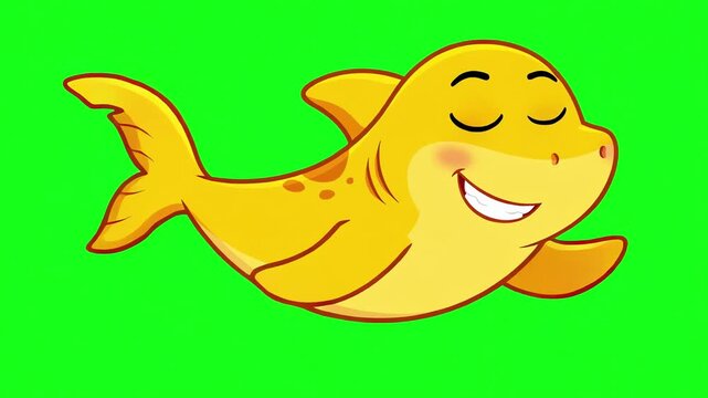 Cute Cartoon Yellow Baby Shark Swimming on Green Screen Background for Animation and Compositing