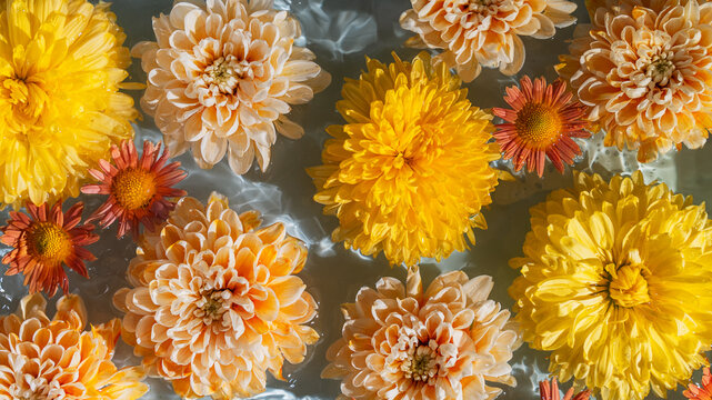 Central yellow chrysanthemum surrounded by cream and orange floating flowers with rippled light reflections.