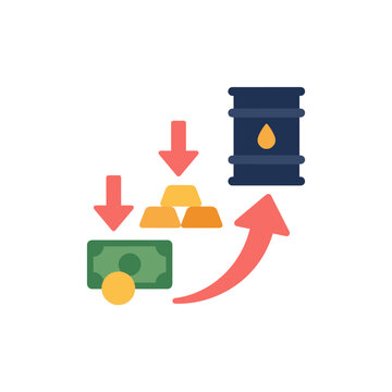Graphic representing oil prices and economy with gold bars and banknotes dropping while fuel rises.