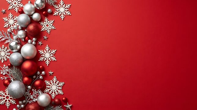Festive holiday garland with baubles snowflakes red background