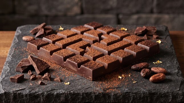luxury dark chocolate bar with unique maze geometric pattern dusted with cocoa powder on black slate stone plate, broken chocolate chunks, cocoa beans, edible gold leaf flakes, cocoa powder scattered