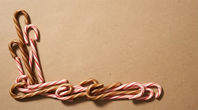 Striped brown and red candy canes arranged in an L-shape border on brown paper