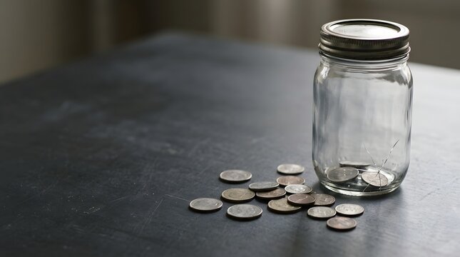 Glass jar with metal lid and scattered coins on a dark wooden table