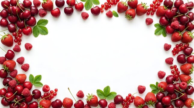 Frame made of fresh red cherries and green leaves on a white background