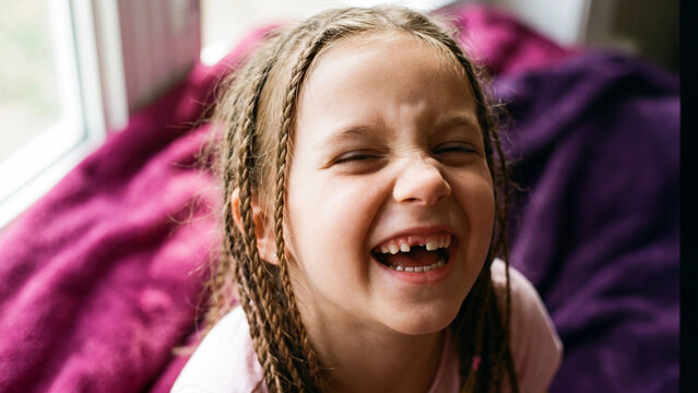 Young blonde girl with braided hair laughing joyfully and showing missing baby teeth indoors
