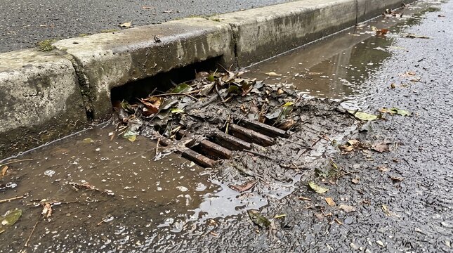 Clogged Storm Drain Covered with Accumulated Mud and Sediment with Standing Rainwater