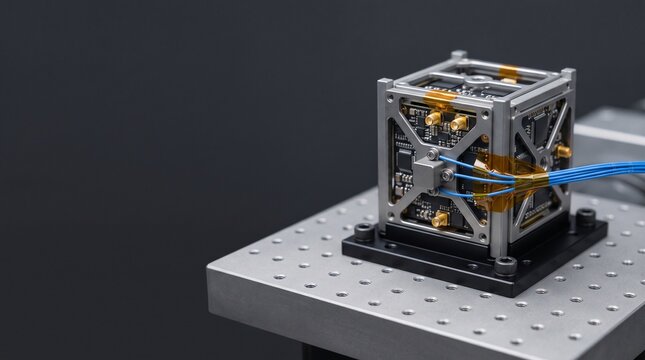 Compact CubeSat satellite frame with fiber optic payload and circuit board on optical breadboard for space testing, concept