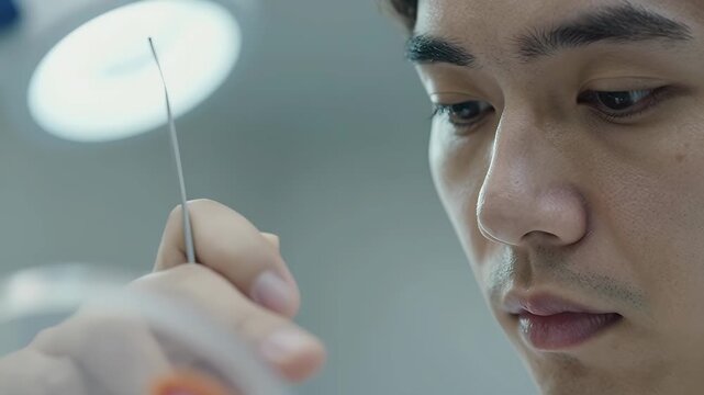 Young Male Scientist Examining Petri Dish in Laboratory