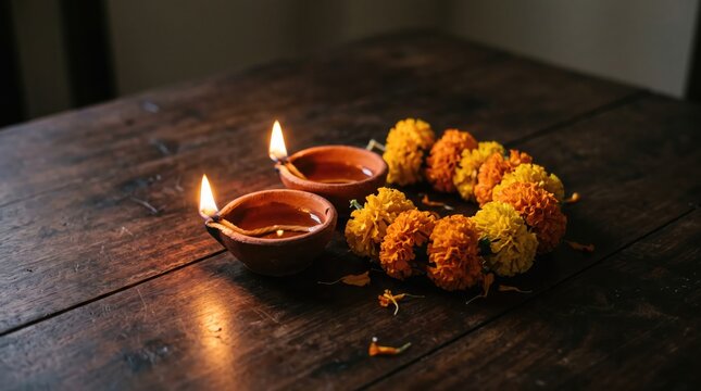 Two traditional clay oil lamps glowing with marigold flower decorations on a rustic wooden table for diwali festival
