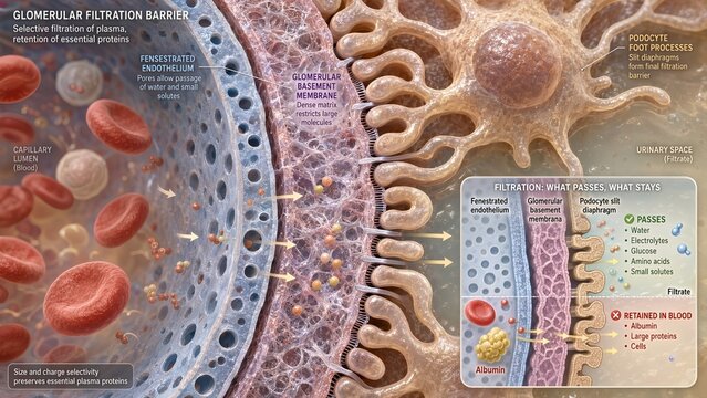 3d medical illustration of renal glomerulus model showing layered filtration barrier with fenestrated endothelium, glomerular basement membrane, and podocyte foot processes with slit diaphragms