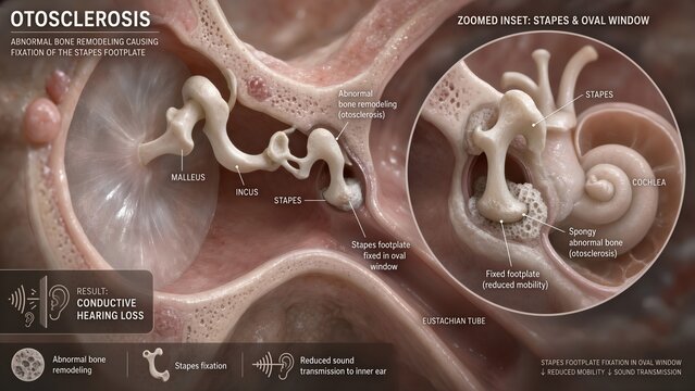 Detailed medical graphic of middle ear pathology showing otosclerosis with stapes fixation in oval window, conductive hearing loss, and zoomed inset detailing spongy bone formation