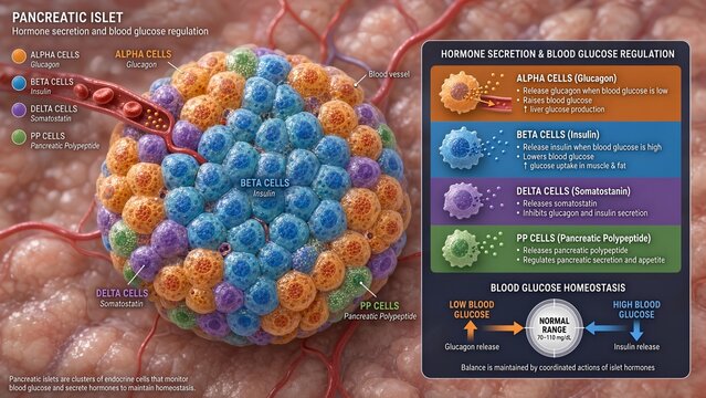 3d medical illustration of pancreatic islet model showing endocrine cell types including alpha cells for glucagon, beta cells for insulin, delta cells, and pp cells for hormone secretion