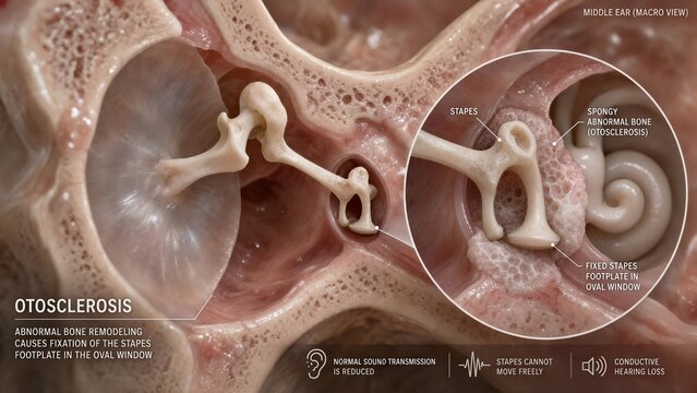 3d medical illustration of middle ear otosclerosis model showing abnormal bone remodeling causing stapes footplate fixation in oval window and conductive hearing loss with spongy bone inset