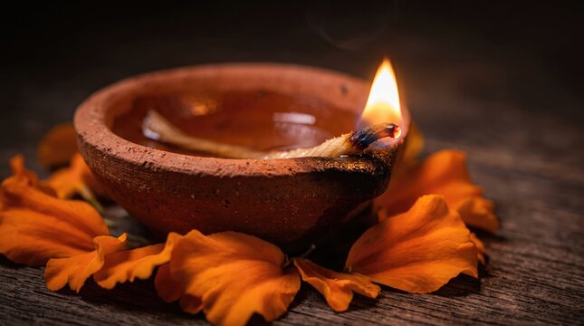 A traditional clay diya lamp glowing with a warm flame surrounded by vibrant orange marigold flower petals