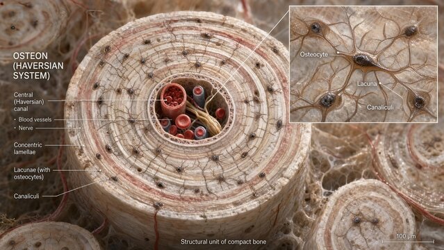3d medical illustration of compact bone osteon haversian system showing concentric lamellae, central haversian canal with blood vessels and nerves, lacunae with osteocytes, and canaliculi