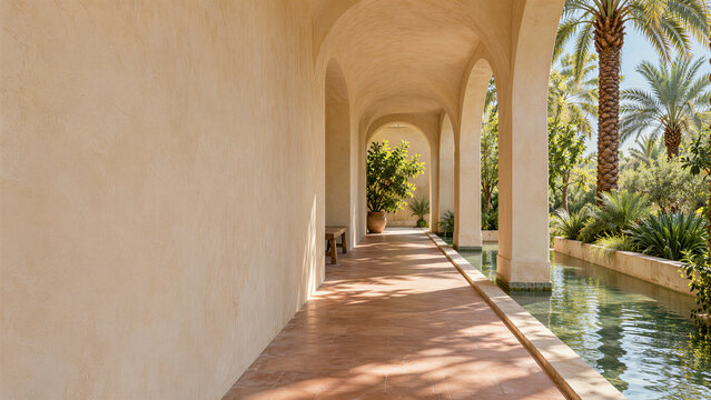 Arched colonnade walkway beside a reflecting pool and garden