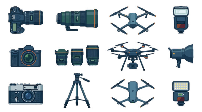 Professional photography and videography equipment icons set featuring a digital camera body, multiple optical lenses, and a remote-controlled quadcopter drone for aerial filming.
