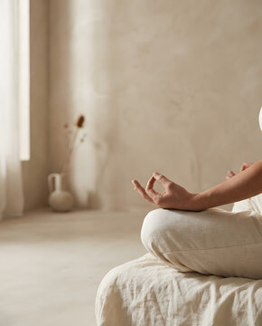Close Up of Hand in Meditation Mudra with Neutral Linen Clothing and Copy Space