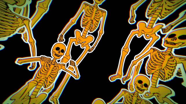 Seamless funny animation of dancing skeletons in comic style. Camera spinning. Halloween zine culture video loop with a trendy cartoon illustration look.