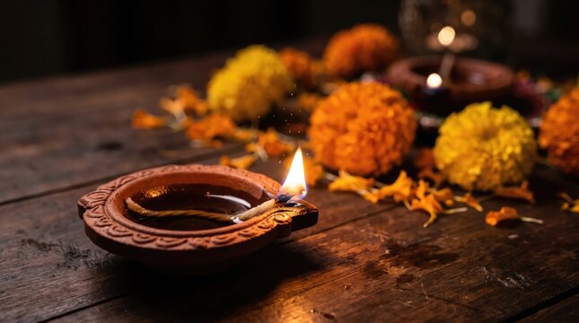 Traditional clay oil lamp lit for diwali festival celebration with marigold flowers on a rustic wooden table