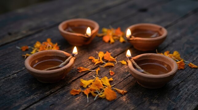 Traditional clay oil lamps glowing with marigold flower petals for the hindu festival of diwali celebration