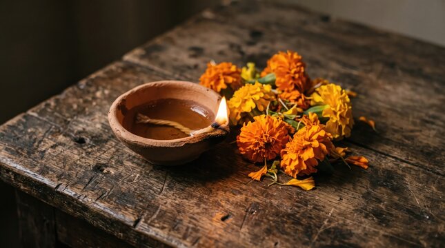 Traditional indian clay oil lamp with bright orange marigold flowers on a rustic wooden table background