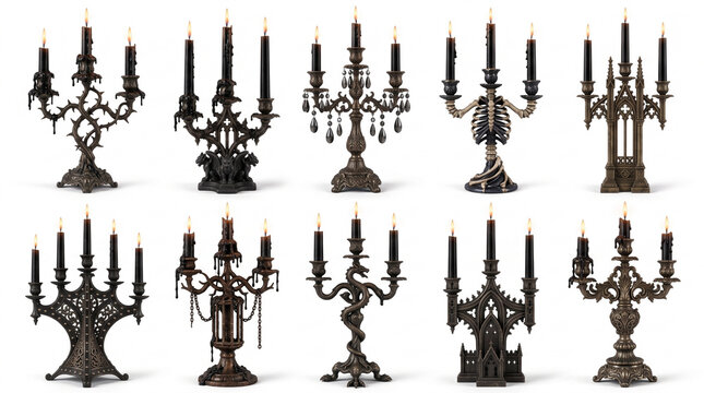 Vintage Ornate Metal Candelabra Collection with Classic Multi Arm Candle Holders Isolated on White Background