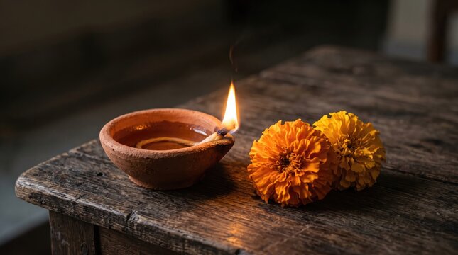 Traditional clay oil lamp glowing with marigold flowers on a rustic wooden table for diwali festival celebration