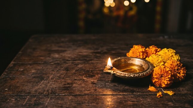 Traditional clay oil lamp lit with marigold flowers on a dark wooden background for diwali festival celebration