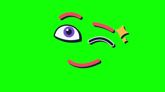 Cartoon eyes and smile wink playfully with sparkle accent. Overlay element with copy space in green screen, black, and white variants for messaging and reaction designs.