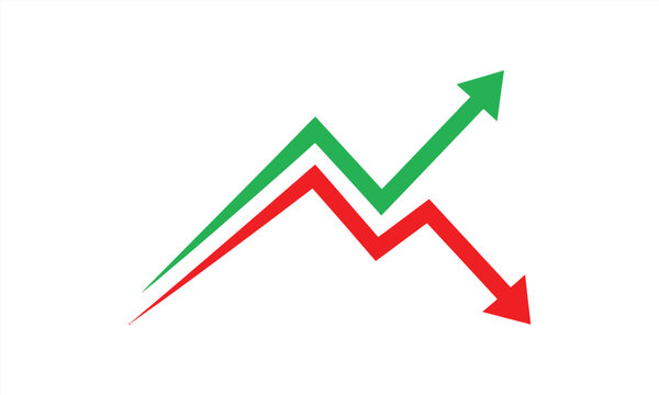 Financial chart icons with green rising arrow and red falling arrow, representing profit and loss, market volatility, and stock exchange trends