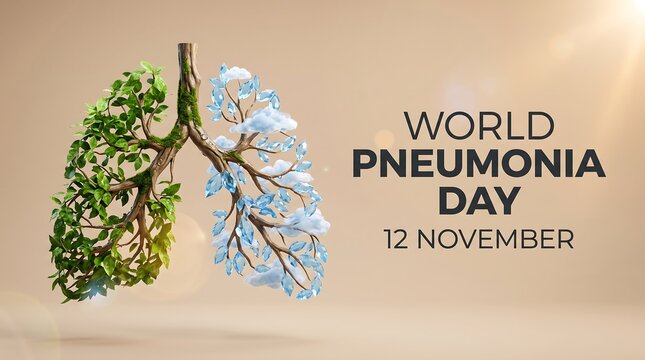 World Pneumonia Day banner with green leaves and ice crystal lungs