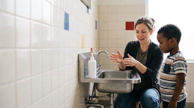 Caregiver introduces handwashing at a community sink