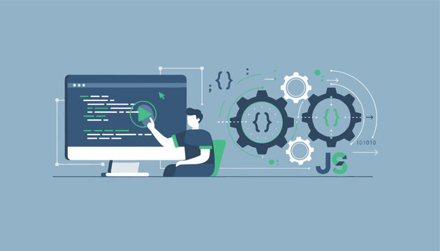 Software developer writing javascript code with interactive cogwheels representing system integration and logic.