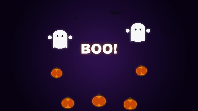 Cute halloween animation with floating ghosts and pumpkins, playful boo text motion for holiday greeting or social media
