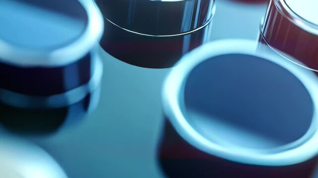 Cinematic AI generated macro video of sleek metallic cylinders with reflective surfaces. Smooth gliding camera over futuristic hardware grid featuring vibrant blue light reflections and soft bokeh