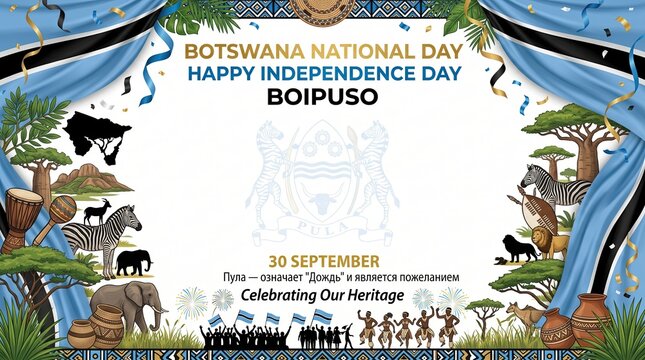 Botswana National Day celebration banner with blue, black, and white flags, wildlife, a map silhouette, and space around the national emblem.