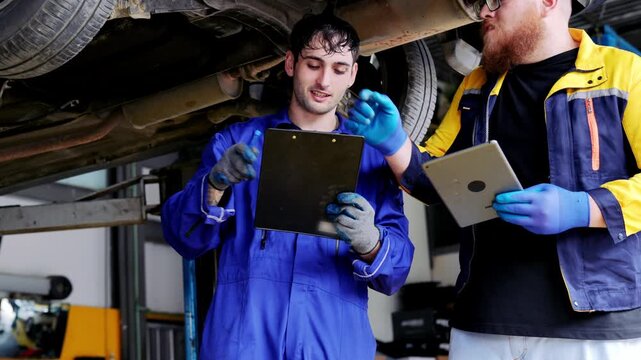 Professional auto mechanic team working car repair shop, performing diligent vehicle maintenance service with digital tablet focused technical