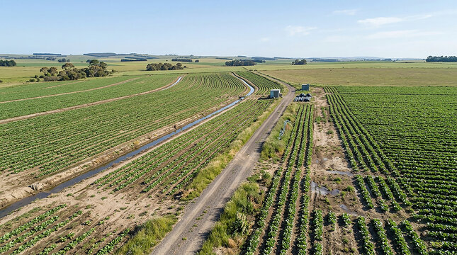 Panoramic high-angle drone view of structured agricultural farmland featuring organized crop furrows, an open water irrigation canal, and a dirt access road stretching under a clear blue sky