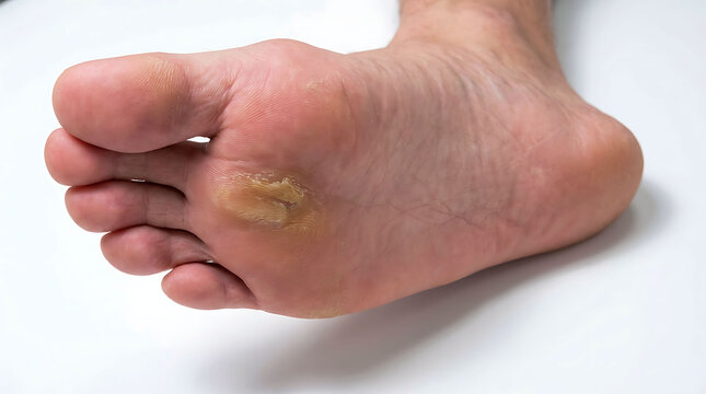 Close up of thick yellowish callus and hard skin on the sole of human foot