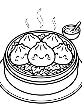 Cute Asian dim sum coloring page. Steaming xiao long bao soup dumplings with adorable smiling faces inside a bamboo steamer basket, with steam and a small bowl of dipping sauce on the side.