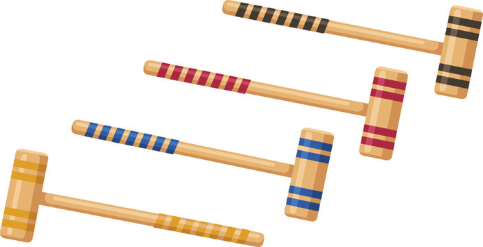 Vintage wooden croquet mallet vector set featuring traditional striped handles in yellow blue red and black color patterns