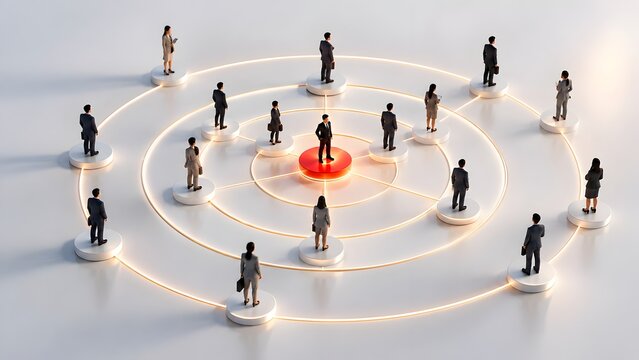Network of business figures on concentric glowing circles centering around key leader signifying corporate hierarchy organizational structure centralized management and team connectivity