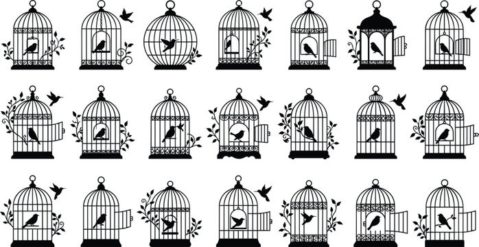 Vintage birdcage silhouettes collection with birds floral vines open doors and decorative hanging iron cages vector design elements