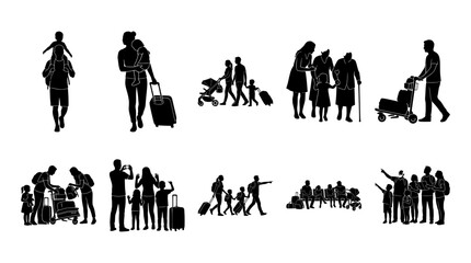 Family silhouettes set with people traveling, carrying luggage and sightseeing for travel and vacation themes © Dholu