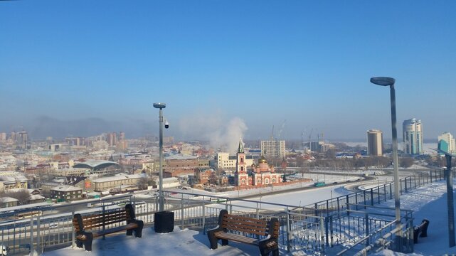 Panoramic winter view of Barnaul city with Znamensky Monastery from Nagorny Park view platform, Altai Krai, Russia
