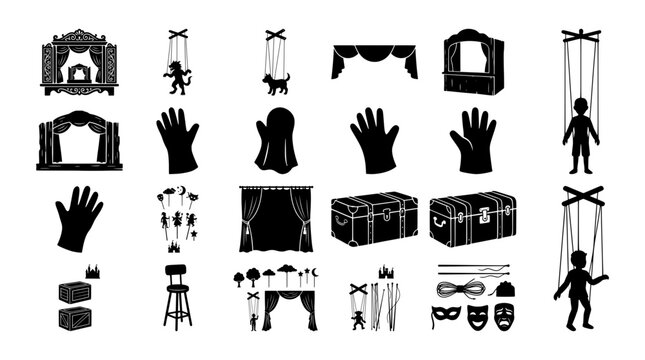 Puppet theater silhouettes set with stage, puppets, masks and props for performance design