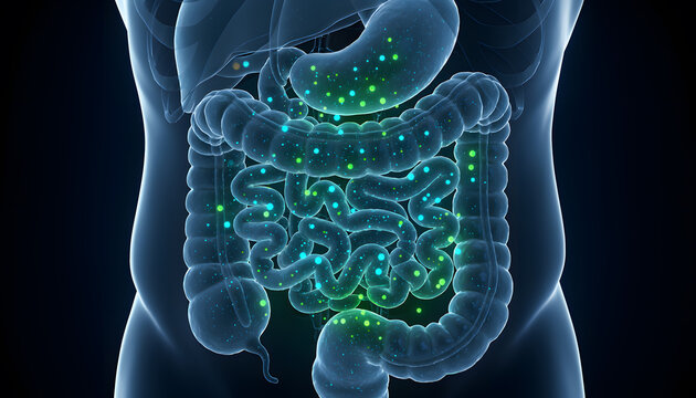 Medical 3D visualization of the stomach and intestines highlighting nutrient absorption.
