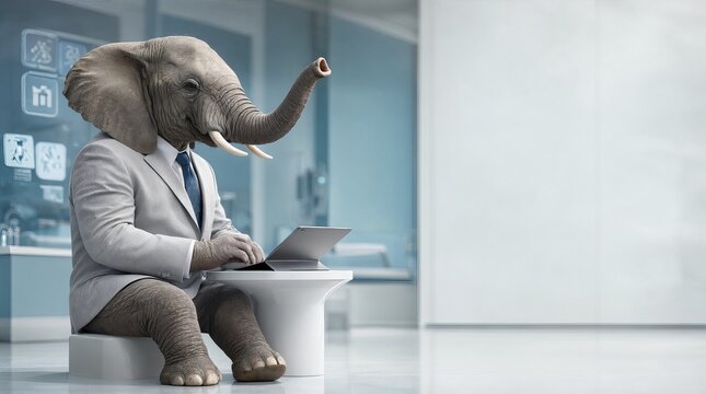 Professional Elephant Executive Wearing Formal Office Suiit Operating Digital Tablet in Laboratory