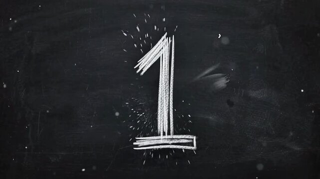 Countdown sequence 5 to 1 drawn with chalk on a blackboard, with chalk dust effect